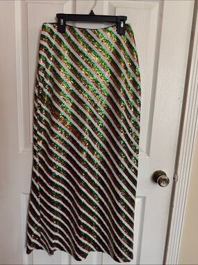 ABS Allen Schwartz Diagonal Sequin Maxi Skirt in Green, White & Copper